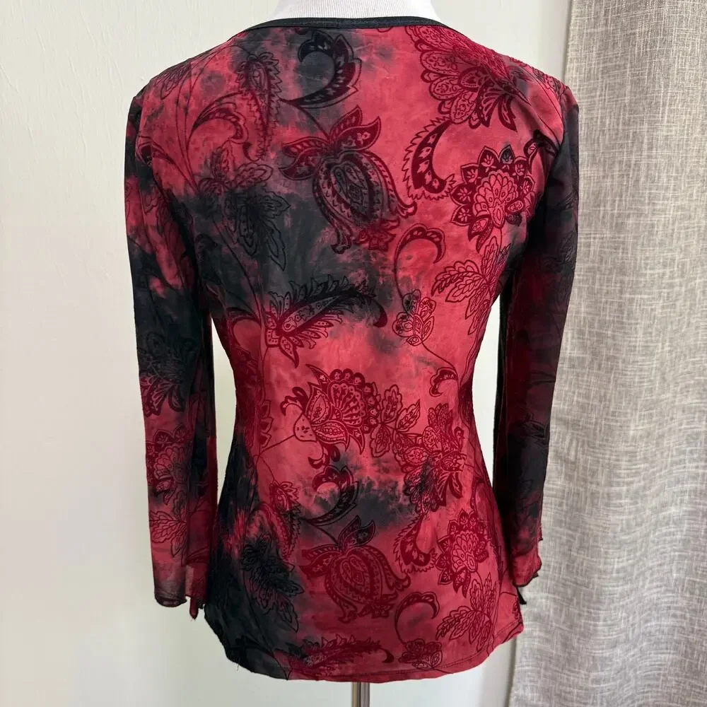 Sami & Jo Y2K Burnout Velvet Top S Red Black Fairy Grunge Flare Sleeve Beaded